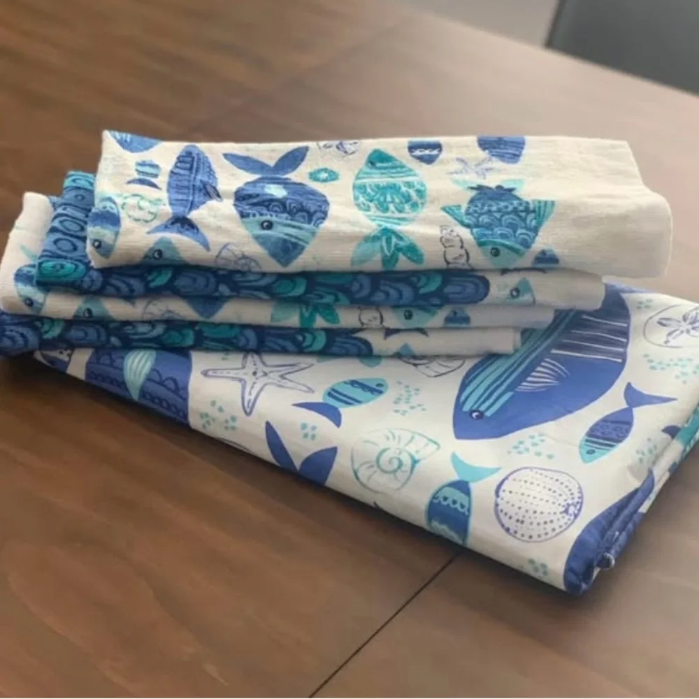 Blue and White Fish Pattern Towels